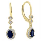 10K Yellow Gold 6X4 MM Each Oval Blue Sapphire & Round Diamond Ladies Halo Dangling Drop Earrings