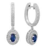 10K White Gold 6X4 MM Each Oval Blue Sapphire & Round Diamond Ladies Halo Dangling Drop Earrings