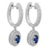 10K White Gold 6X4 MM Each Oval Blue Sapphire & Round Diamond Ladies Halo Dangling Drop Earrings