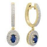 10K Yellow Gold 6X4 MM Each Oval Blue Sapphire & Round Diamond Ladies Halo Dangling Drop Earrings