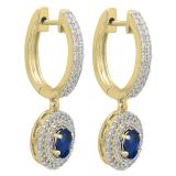 10K Yellow Gold 6X4 MM Each Oval Blue Sapphire & Round Diamond Ladies Halo Dangling Drop Earrings