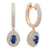 18K Rose Gold 6X4 MM Each Oval Blue Sapphire & Round Diamond Ladies Halo Dangling Drop Earrings