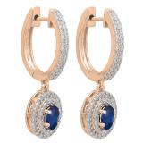 18K Rose Gold 6X4 MM Each Oval Blue Sapphire & Round Diamond Ladies Halo Dangling Drop Earrings