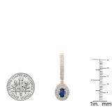 18K Rose Gold 6X4 MM Each Oval Blue Sapphire & Round Diamond Ladies Halo Dangling Drop Earrings