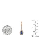 14K Rose Gold 6X4 MM Each Oval Blue Sapphire & Round Diamond Ladies Halo Dangling Drop Earrings