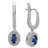 14K White Gold 6X4 MM Each Oval Blue Sapphire & Round Diamond Ladies Halo Dangling Drop Earrings