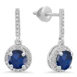 14K White Gold 6 MM Each Round Blue Sapphire & White Diamond Ladies Halo Dangling Drop Earrings