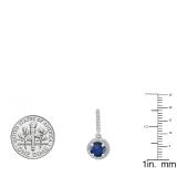 14K White Gold 6 MM Each Round Blue Sapphire & White Diamond Ladies Halo Dangling Drop Earrings
