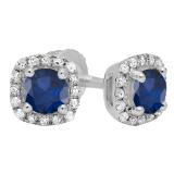 10K White Gold 6 MM Each Round Blue Sapphire & White Diamond Ladies Halo Style Stud Earrings