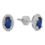 10K White Gold 6X4 MM Each Oval Blue Sapphire & Round White Diamond Ladies Halo Stud Earrings