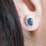 10K White Gold 6X4 MM Each Oval Blue Sapphire & Round White Diamond Ladies Halo Stud Earrings