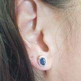10K White Gold 6X4 MM Each Oval Blue Sapphire & Round White Diamond Ladies Halo Stud Earrings