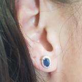 10K White Gold 6X4 MM Each Oval Blue Sapphire & Round White Diamond Ladies Halo Stud Earrings