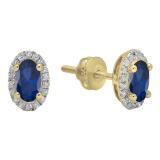 10K Yellow Gold 6X4 MM Each Oval Blue Sapphire & Round White Diamond Ladies Halo Stud Earrings