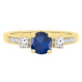 10K Yellow Gold 5 MM Round Blue Sapphire White Sapphire & Diamond Ladies 3 Stone Engagement Ring