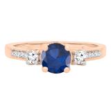 14K Rose Gold 5 MM Round Blue Sapphire White Sapphire & Diamond Ladies 3 Stone Engagement Ring