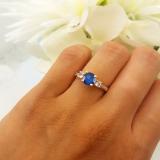 14K Rose Gold 5 MM Round Blue Sapphire White Sapphire & Diamond Ladies 3 Stone Engagement Ring