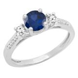 18K White Gold 5 MM Round Blue Sapphire White Sapphire & Diamond Ladies 3 Stone Engagement Ring