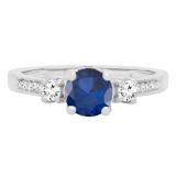 18K White Gold 5 MM Round Blue Sapphire White Sapphire & Diamond Ladies 3 Stone Engagement Ring
