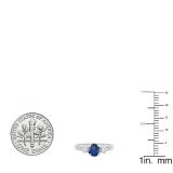18K White Gold 5 MM Round Blue Sapphire White Sapphire & Diamond Ladies 3 Stone Engagement Ring