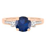 10K Rose Gold 7 MM Round Blue Sapphire White Sapphire & Diamond Ladies 3 Stone Engagement Ring