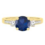 10K Yellow Gold 7 MM Round Blue Sapphire White Sapphire & Diamond Ladies 3 Stone Engagement Ring