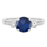 14K White Gold 7 MM Round Blue Sapphire White Sapphire & Diamond Ladies 3 Stone Engagement Ring