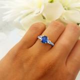 14K White Gold 7 MM Round Blue Sapphire White Sapphire & Diamond Ladies 3 Stone Engagement Ring