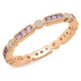 10K Rose Gold Round Pink Sapphire & White Diamond Ladies Vintage Wedding Eternity Stackable Band