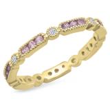 10K Yellow Gold Round Pink Sapphire & White Diamond Ladies Vintage Wedding Eternity Stackable Band