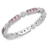 14K White Gold Round Pink Sapphire & White Diamond Ladies Vintage Wedding Eternity Stackable Band