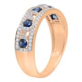 10K Rose Gold Round Blue Sapphire & White Diamond Ladies Anniversary Wedding Band