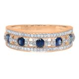 10K Rose Gold Round Blue Sapphire & White Diamond Ladies Anniversary Wedding Band
