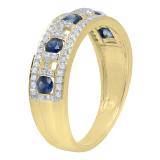 10K Yellow Gold Round Blue Sapphire & White Diamond Ladies Anniversary Wedding Band