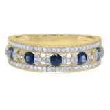 10K Yellow Gold Round Blue Sapphire & White Diamond Ladies Anniversary Wedding Band