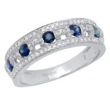 18K White Gold Round Blue Sapphire & White Diamond Ladies Anniversary Wedding Band