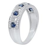 18K White Gold Round Blue Sapphire & White Diamond Ladies Anniversary Wedding Band