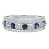 18K White Gold Round Blue Sapphire & White Diamond Ladies Anniversary Wedding Band