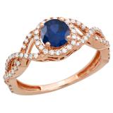 10K Rose Gold 6 MM Round Blue Sapphire & Diamond Ladies Swirl Split Shank Halo Engagement Ring