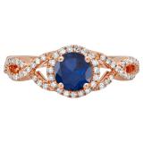 10K Rose Gold 6 MM Round Blue Sapphire & Diamond Ladies Swirl Split Shank Halo Engagement Ring