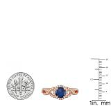 10K Rose Gold 6 MM Round Blue Sapphire & Diamond Ladies Swirl Split Shank Halo Engagement Ring