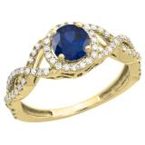 10K Yellow Gold 6 MM Round Blue Sapphire & Diamond Ladies Swirl Split Shank Halo Engagement Ring