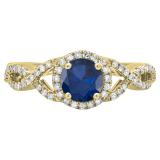 10K Yellow Gold 6 MM Round Blue Sapphire & Diamond Ladies Swirl Split Shank Halo Engagement Ring