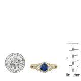 10K Yellow Gold 6 MM Round Blue Sapphire & Diamond Ladies Swirl Split Shank Halo Engagement Ring