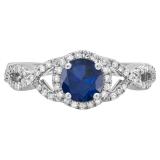 14K White Gold 6 MM Round Blue Sapphire & Diamond Ladies Swirl Split Shank Halo Engagement Ring