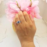 14K White Gold 6 MM Round Blue Sapphire & Diamond Ladies Swirl Split Shank Halo Engagement Ring