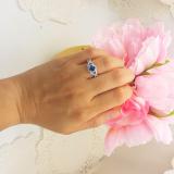 14K White Gold 6 MM Round Blue Sapphire & Diamond Ladies Swirl Split Shank Halo Engagement Ring