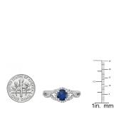 14K White Gold 6 MM Round Blue Sapphire & Diamond Ladies Swirl Split Shank Halo Engagement Ring