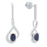 10K White Gold 6X4 MM Oval Blue Sapphire & Round White Diamond Ladies Dangling Earrings