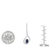 10K White Gold 6X4 MM Oval Blue Sapphire & Round White Diamond Ladies Dangling Earrings